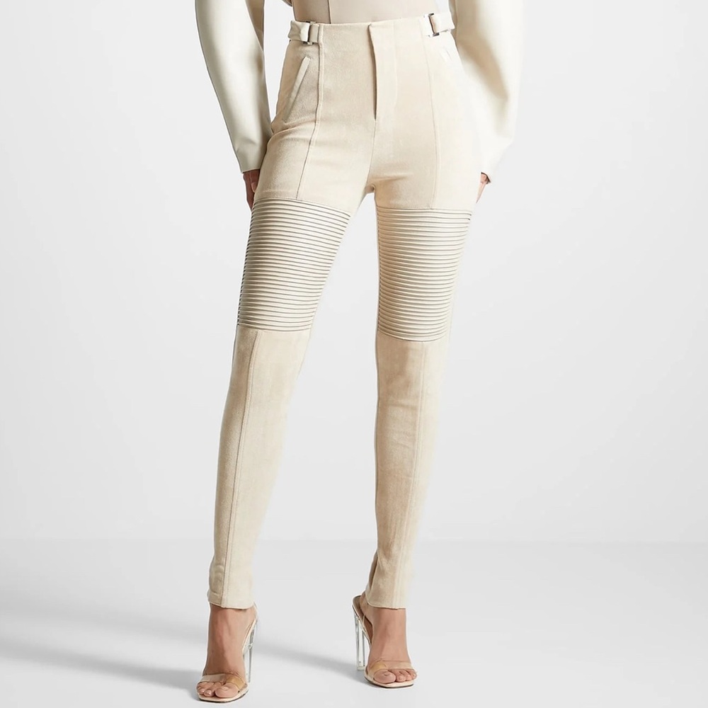 Maniere De Voir - 	RIBBED VEGAN SUEDE BIKER LEGGINGS - LIGHT BEIGE
Size: UK 12